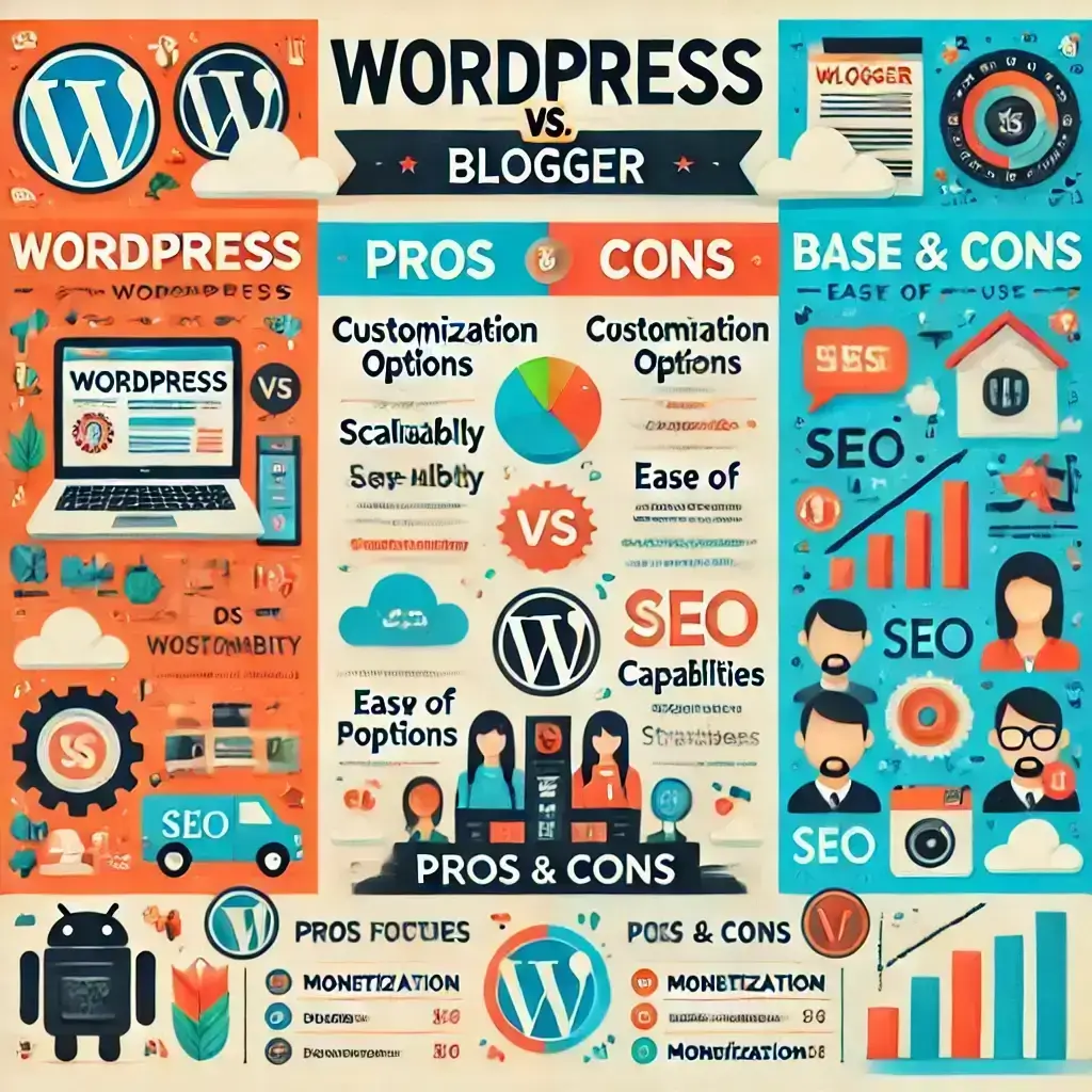 nfographic comparing WordPress vs Blogger, showcasing key features, pros and cons, customization options, scalability, SEO capabilities, and monetization strategies.