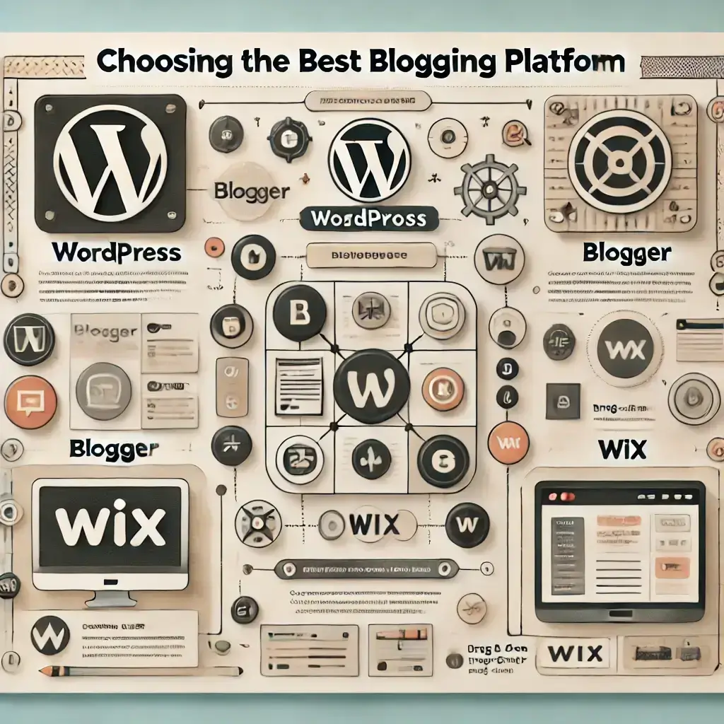 Comparison of the best blogging platforms: WordPress, Blogger, and Wix, highlighting their features and benefits.