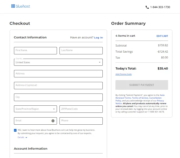 Bluehost checkout page with contact information