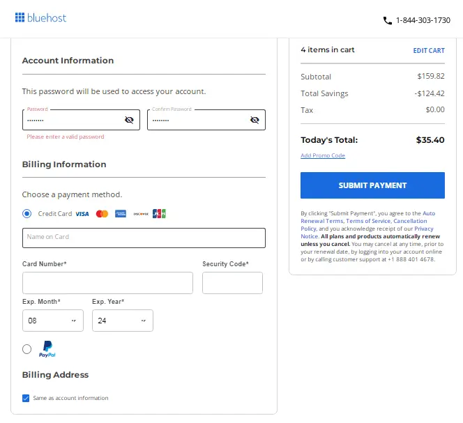 Bluehost checkout page with credit card and PayPal payment options