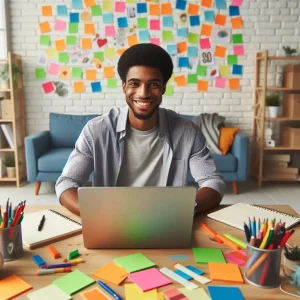 A smiling man sitting at a desk with a laptop, surrounded by colorful sticky notes and stationery, representing the creative process of starting a blog.