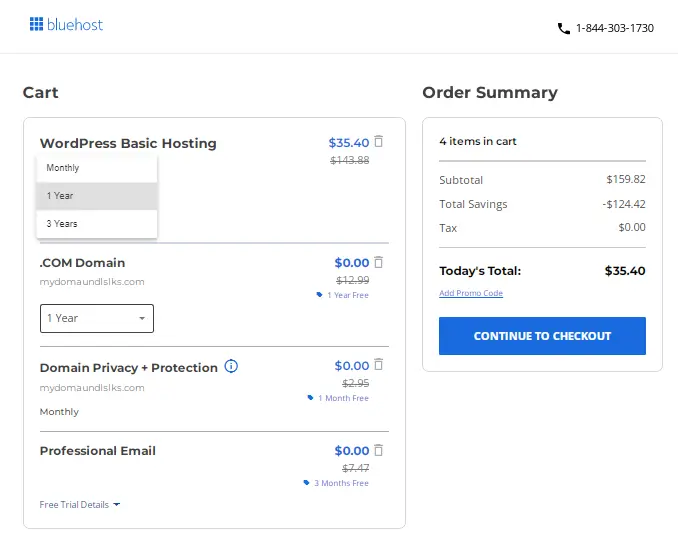 Bluehost checkout page with hosting plan and order summary