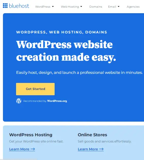 Bluehost homepage showing WordPress website creation process for starting a blog, with a prominent call to action button.