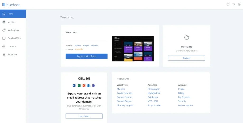 Bluehost dashboard featuring options to log in to WordPress, register a domain, and access helpful links for starting a blog.