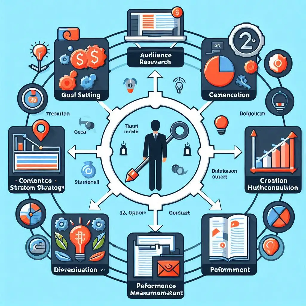 Illustration of a content strategy roadmap with icons for goal setting, audience research, content creation, distribution, and performance measurement.