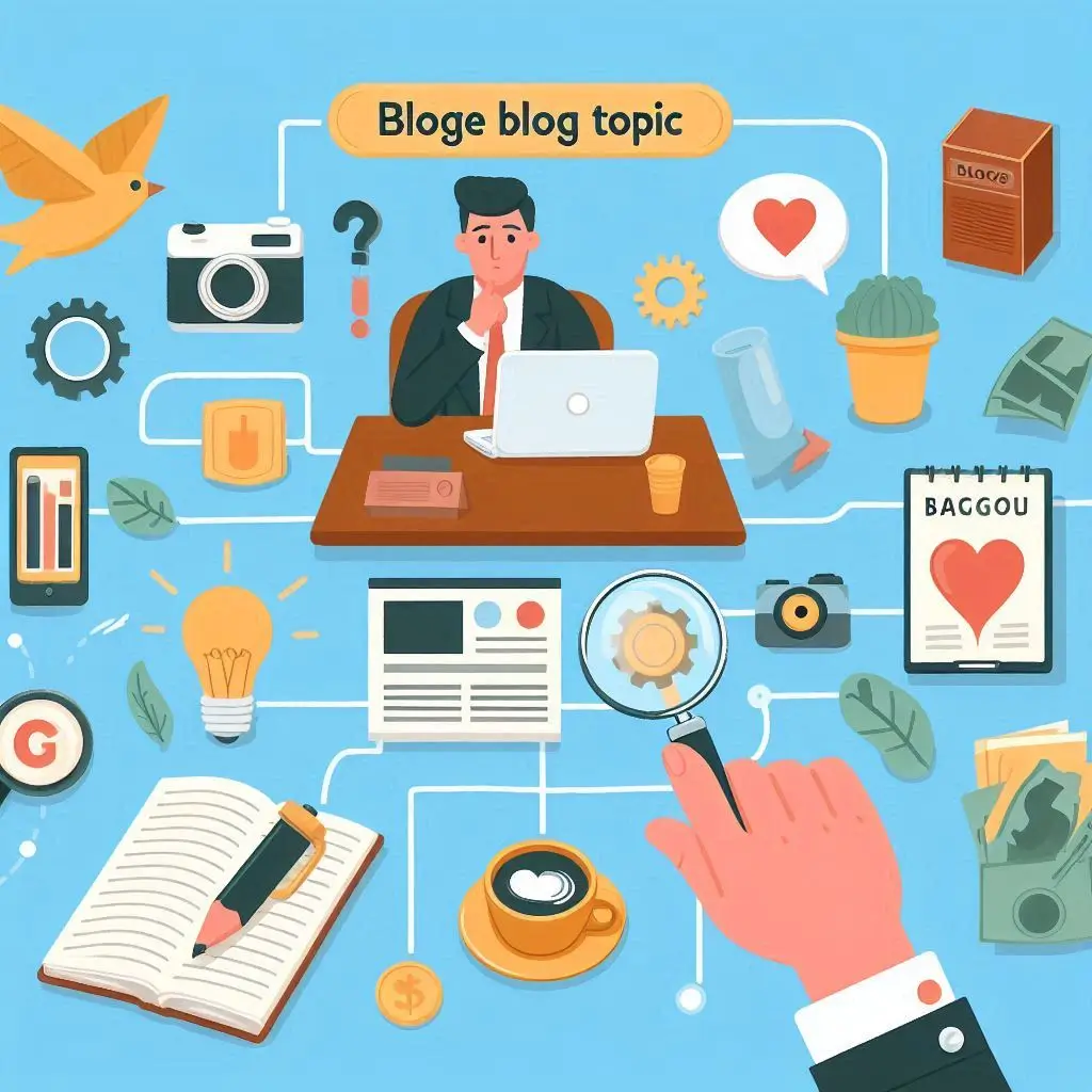 Illustration of a person brainstorming blog topic ideas with a notepad and laptop, representing how to choose a successful blog topic.