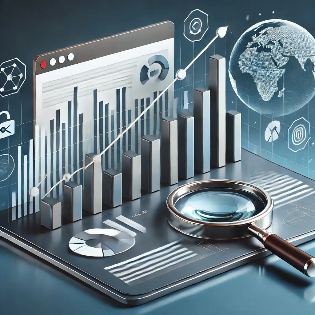 Illustration showing data analysis with a bar graph, line chart, and magnifying glass, representing blog performance optimization using Google Analytics.