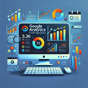 Illustration of Google Analytics data charts and blogging icons for an article titled 'How to Use Google Analytics to Boost Your Blog's Success.