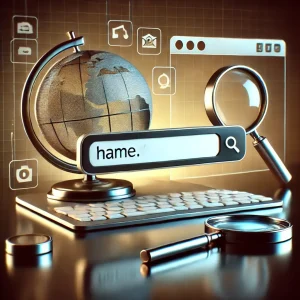 Domain name search bar on a computer screen with icons representing website and internet search, symbolizing the process of choosing a memorable domain name.