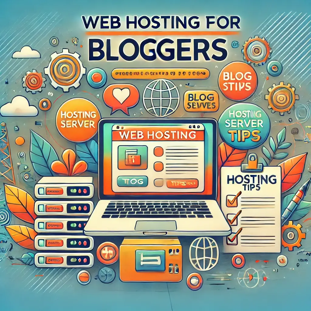 Featured image illustrating web hosting tips for bloggers, featuring a laptop with a blog interface, hosting server icons, and a checklist of tips.