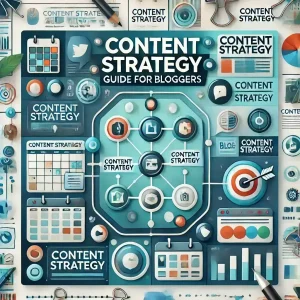 Content strategy guide for bloggers with a digital content calendar, blog posts, and social media icons in a modern design