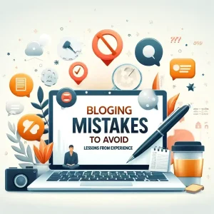 Common Blogging Mistakes to Avoid' article, showing a laptop, notepad, and coffee cup with icons representing blogging mistakes.