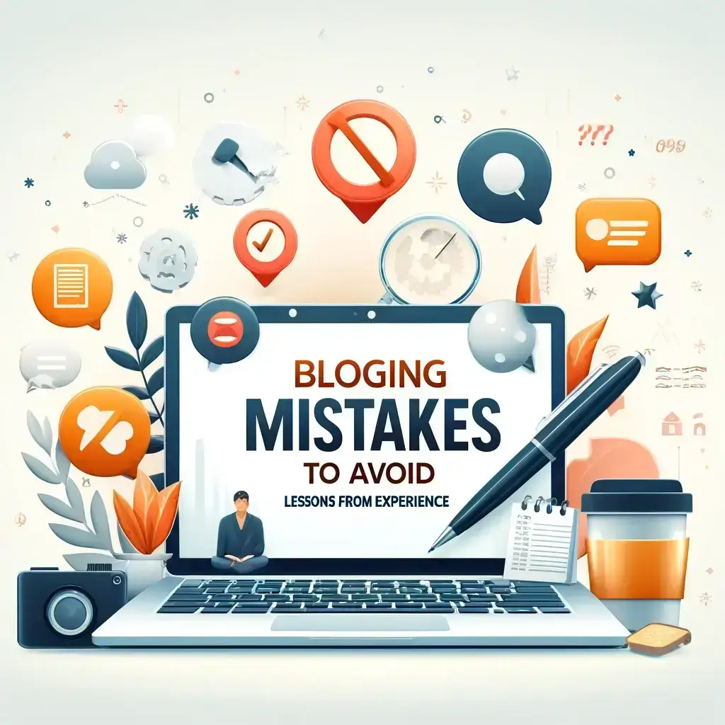 Common Blogging Mistakes to Avoid' article, showing a laptop, notepad, and coffee cup with icons representing blogging mistakes.