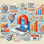 Infographic showing effective strategies for email list building, including lead magnets, opt-in forms, and social media integration.