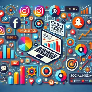 Content promotion strategies on social media, featuring icons and charts for digital marketing success.