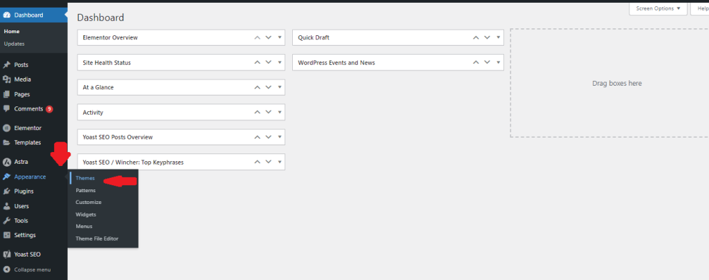 WordPress dashboard showing the 'Appearance' menu and Themes directory option