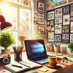 A modern blogger's workspace featuring a laptop, notebooks, colorful stationery, a plant, and a bulletin board with blog ideas. Natural light shines through the window, creating a warm and productive atmosphere.