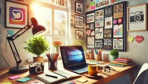 A modern blogger's workspace featuring a laptop, notebooks, colorful stationery, a plant, and a bulletin board with blog ideas. Natural light shines through the window, creating a warm and productive atmosphere.